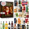 Advent calendar with 24 assorted premium liquors in festive packaging.