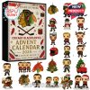 A holiday-themed advent calendar and collectible figures lineup, showing a variety of Chicago Blackhawks characters and ornaments with team jerseys, Christmas details, and cartoon style!