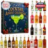 A square advent calendar box in dark blue with gold lettering and festive elements like candy canes and red bows. Next to it, several mini cocktail bottle designs are displayed, each labeled with different drink names!