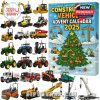 An advent calendar box with a winter scene design and yellow bold letters, accompanied by mini model ornaments of heavy machinery and work vehicles. Ornaments include forklifts, loaders, cranes, and fire engines!