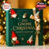 A close-up of the Gnome Christmas advent calendar box with gold accents, decorative gnomes, and cozy holiday lighting in the background!