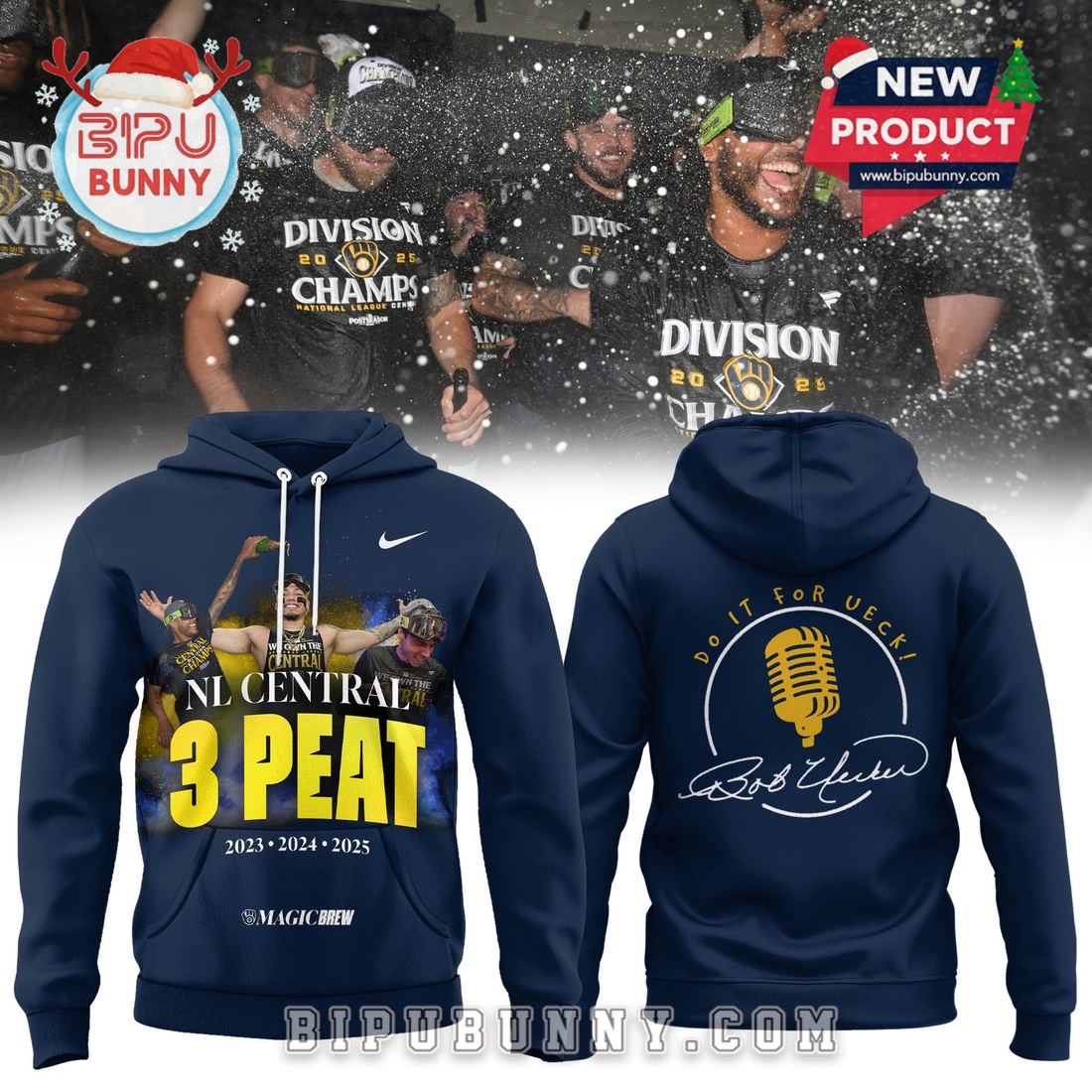 2025 Milwaukee Brewers NL Central 3-Peat Hoodie 2025 Milwaukee Brewers NL Central 3-Peat Hoodie