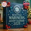 A close-up of a navy blue Seattle Mariners advent calendar box with holiday-themed accents in a Christmas setting!