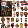 A collector's advent calendar set featuring 24 small Templar-themed items such as toy knights, horses, banners, and emblems in a holiday twist, alongside a premium illustrated box!
