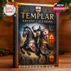 A beautifully designed advent calendar cover with bold graphics of knights, shields, and crusader symbols, framed in gold with numbered door panels subtly integrated into the stone background!