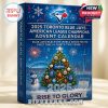 The front of the Toronto Blue Jays advent calendar box, set against a soft background, with bold colors, championship details, and a winter holiday theme.
