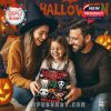 A mother, father, and daughter enjoying the unboxing of a Halloween countdown calendar in a cozy Halloween-themed room, lit with pumpkins and spooky décor!