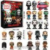All 24 collectible horror-themed figurines included in the Halloween countdown calendar, each shown next to the box with size labels. Figures include icons from classic scary movies in a playful, mini style!