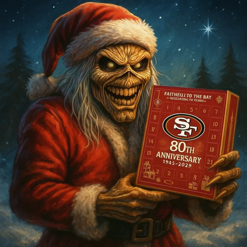 A sinister Santa holding an SF 49ers Advent calendar celebrating the team's 80th anniversary.