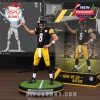 Detailed sports figure of a quarterback in full Steelers gear, standing beside its boxed version which includes a stadium backdrop and team slogan design!
