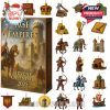 A full advent calendar set inspired by Age of Empires, featuring beautifully crafted ornaments of game characters and assets arranged around a decorative game-themed box marked 2025!