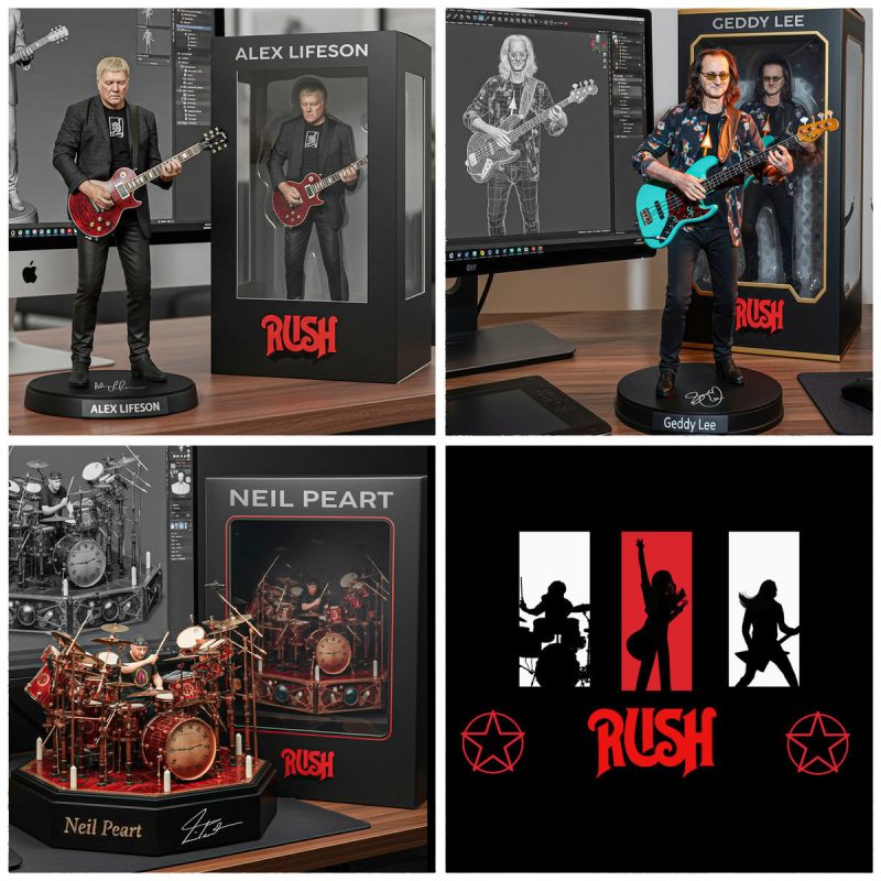 Collectible figures of Alex Lifeson, Geddy Lee, and Neil Peart from Rush band with their packaging designs.