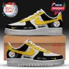 Black, yellow, and white sneaker with Steelers logo, custom name text, team branding, and sleek sporty details!