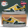Green, gold, and white custom sneaker with Packers logos, fan name customization, and bold branding!