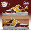 Burgundy, gold, and white sneaker customized with Commanders logo, Your Name print, and team graphics!