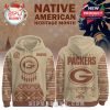 Green Bay Packers hoodie with tan and red tribal theme, dreamcatcher chest design, tomahawk print on back, and cultural elements!
