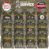 Camo-sleeved NFL hoodies for Salute to Service, showcasing U.S. veteran tribute text, team logos, and patriotic design elements!