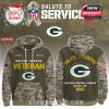 Olive and camo Packers hoodie with U.S. veteran print, back Salute to Service branding, and front personalization fields!