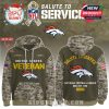Broncos military-style hoodie with camo accents, veteran tribute text, and back logo honoring NFL service recognition!