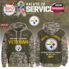 Steelers camo hoodie with olive body, tribute veteran text, front personalization tags, and bold Salute to Service back print!