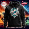 Miami Dolphins hoodie with torn chest graphic revealing logo.