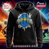 LA Rams hoodie with torn chest design revealing logo.