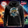 Jaguars hoodie with torn front and logo bursting out.