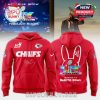 A red Kansas City Chiefs hoodie with BIPU BUNNY design for the Super Bowl 2026.
