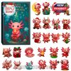 An array of kawaii axolotl figurines dressed for Christmas, featuring different holiday accessories and a central decorative box labeled Axolotl Christmas Wonderland 2025 with marine elements!