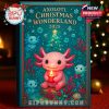 A single gift box with intricate underwater Christmas artwork, highlighting the axolotl mascot with a candle and festive sea decorations in a cozy holiday room!