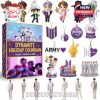 BTS advent calendar with 24 Dynamite-themed miniatures and purple ARMY holiday ornaments!