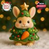 A chubby bunny toy in a Christmas tree costume holding a carrot, with round cheeks and a star on its head, placed on white snow with warm festive lighting!