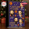 Purple advent calendar box featuring Caitlin Clark in various basketball poses with orange basketball accents and gold stars, perfect for holiday gifting and fan collections!