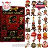 Calgary Flames Advent Calendar 2025 shown in a detailed corner view with red background, Flames logos, snowflakes, and fun hockey illustrations making it a standout gift for fans!