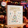 Chemistry-themed Advent calendar box with scientific glassware illustrations placed in a cozy Christmas setting with lights and gifts!