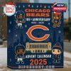 Chicago Bears 2025 Advent calendar box standing in snow with cartoon graphics of players and mascots, highlighting the team's 105th anniversary!
