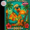 A brightly illustrated parrot character wearing a cap and sunglasses, holding a drink and guitar, with ocean waves and a sunset in the backdrop. Decorative hibiscus flowers and tiki torches add to the beach ambiance!