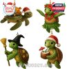 Holiday sea turtle ornaments with unique themes like witch costume, Hawaiian dancer, coconut drinker, and festive feast carrier!