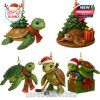 Festive turtle ornaments with winter scarves, hockey stick, Christmas trees, and holiday gift decorations!