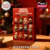 A boxed red Advent calendar featuring whimsical gnome characters, placed in a holiday-decorated room with glowing lights!