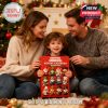 A cheerful family moment with a child holding a red gnome-themed Advent calendar, surrounded by Christmas decor and warm lighting!