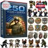Commemorative U.S. military advent calendar honoring 250 years of service, complete with toy soldiers, medallions, military working dogs, and patriotic decor in a bold, respectful design!