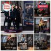 Collectible Def Leppard figurines displayed on stands with their packaging.