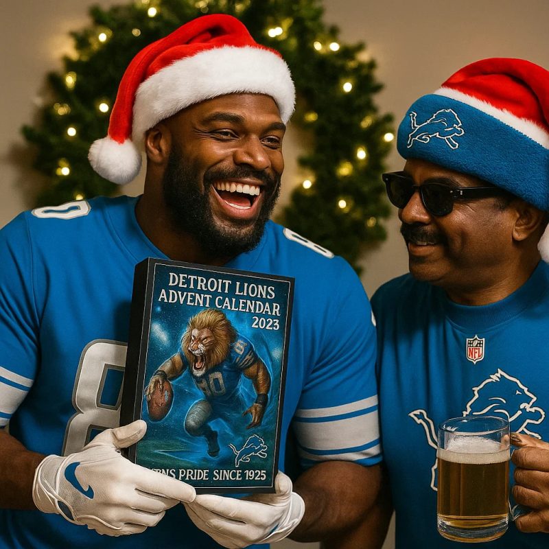 Two men smiling while holding the 2023 Detroit Lions Advent Calendar.