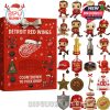 Bright red advent calendar with sports-themed surprises like pop culture hockey figures, ornaments, medals, jerseys, and iconic Detroit Red Wings designs in holiday style!