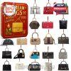 The Dream Bags Advent Calendar with 24 miniature handbags is displayed, featuring detailed luxury-inspired designs like quilted textures, buckles, and chains in shades of red, white, beige, and black!