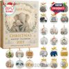 Christmas advent calendar with adorable elephant family hugging, surrounded by festive forest wreath and stars. Includes 24 ornament designs showing elephants in heartwarming scenes and holiday settings!