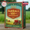 A collector-style advent calendar box honoring 100 years of Farmall tractors, featuring rustic colors, bold typography, and a red tractor on farmland under a green and blue winter sky!