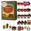 The Farmall calendar and its collectible ornaments are displayed, with a timeline of iconic tractor models and farming-themed decorations. Each ornament hangs with gold hooks, showing the historical progression of the Farmall brand!