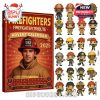A collection of 24 firefighter-themed mini figures displayed next to a red advent calendar box featuring a serious firefighter portrait and gold typography. The mini ornaments honor various fire department roles and gear styles!